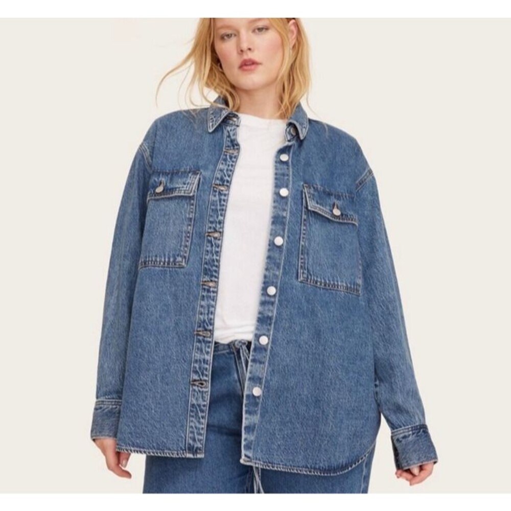 Women's Parke x Target Long Sleeve Denim Shacket Medium Wash Blue XS